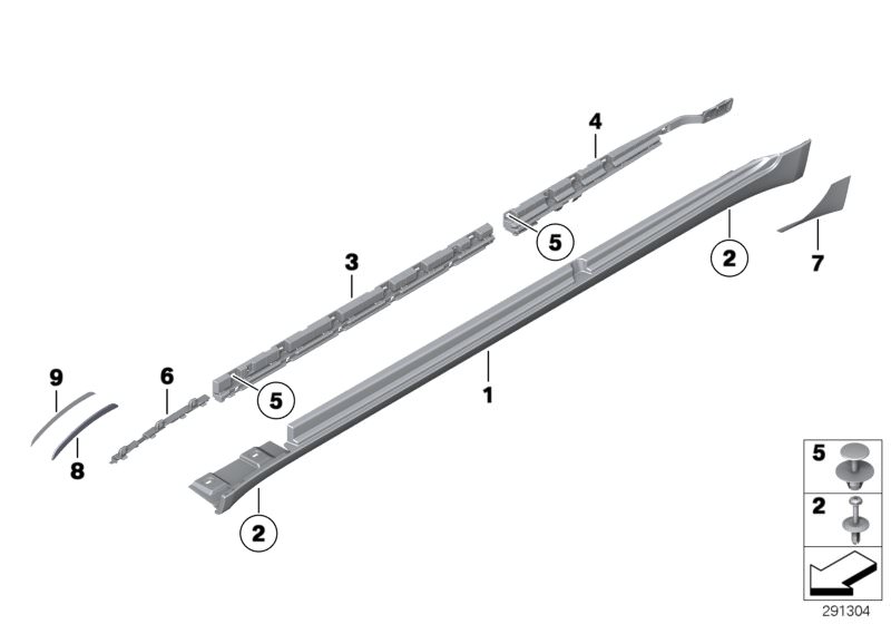 Picture board Cover door sill / wheel arch for the BMW 7 Series models  Original BMW spare parts from the electronic parts catalog (ETK) for BMW motor vehicles (car)   Door sill cover, primed left, Expanding rivet, Retaining strip, sill, front right, Reta