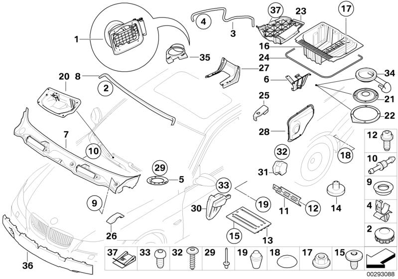 Picture board Misc. body parts for the BMW 3 Series models  Original BMW spare parts from the electronic parts catalog (ETK) for BMW motor vehicles (car)   Blind rivet, BRACKET ACTIVATED CARBON CONTAINER, C-clip nut, self-locking, CONNECTING SUPPORT, Conn