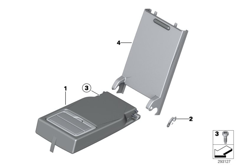 Picture board Rear seat centre armrest for the BMW 1 Series models  Original BMW spare parts from the electronic parts catalog (ETK) for BMW motor vehicles (car)   Armrest, leatherette, rear middle, Collar screw, Locking element, right, Trim, armrest, rea