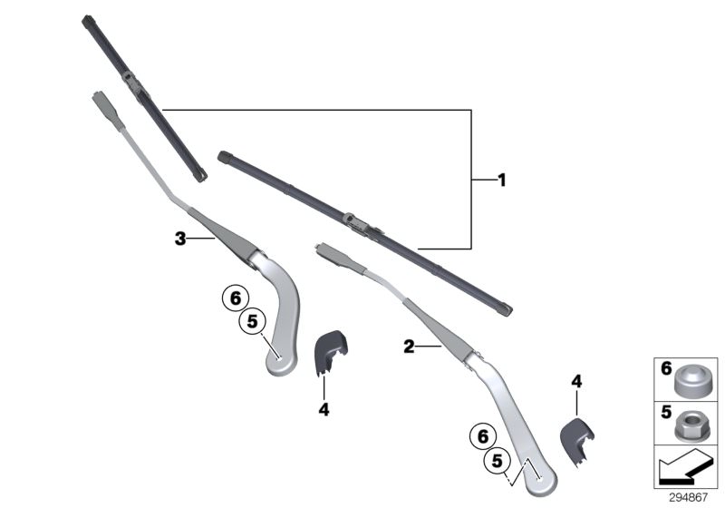 Picture board SINGLE COMPONENTS FOR WIPER ARM for the BMW 3 Series models  Original BMW spare parts from the electronic parts catalog (ETK) for BMW motor vehicles (car)   Covering cap, Hex nut, Set of wiper blades, WIPER ARM COVER, Wiper arm, driver´s sid