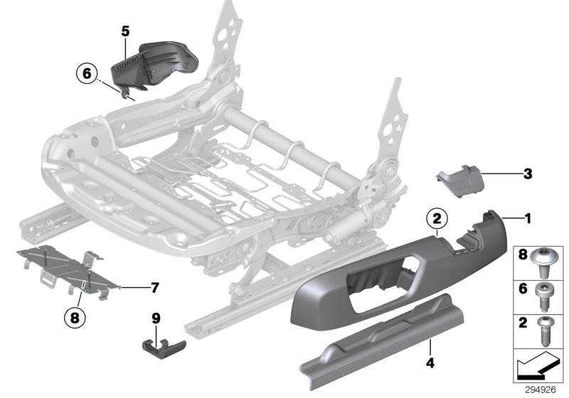Picture board Seat, front, seat panels, electrical for the BMW 1 Series models  Original BMW spare parts from the electronic parts catalog (ETK) for BMW motor vehicles (car)   Bracket control unit right, Cover, belt catch right, Covering seat rail right, 