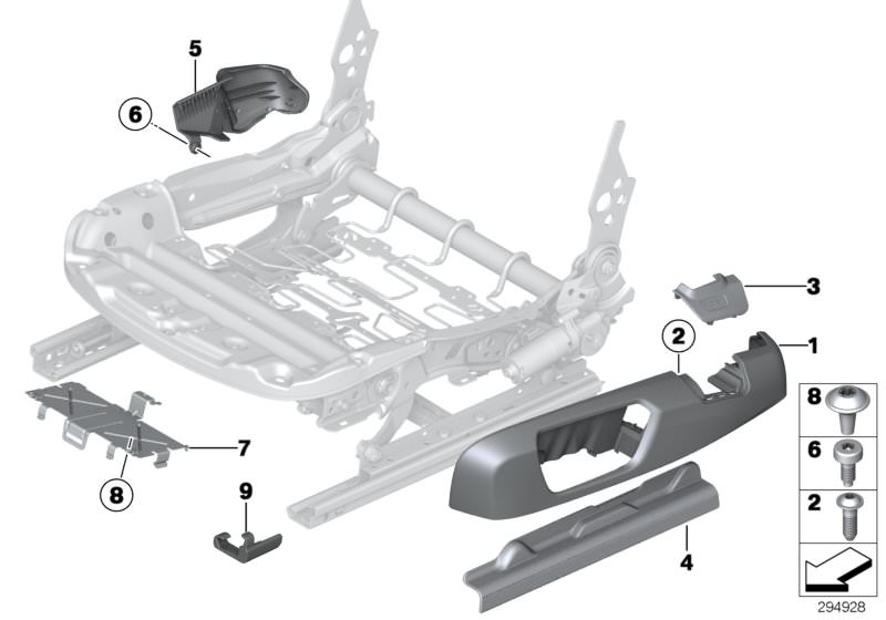 Picture board Seat, front, seat panels, electrical for the BMW 4 Series models  Original BMW spare parts from the electronic parts catalog (ETK) for BMW motor vehicles (car)   BRACKET CONTROL UNIT RIGHT, Cover, belt catch right, COVERING SEAT RAIL RIGHT, 