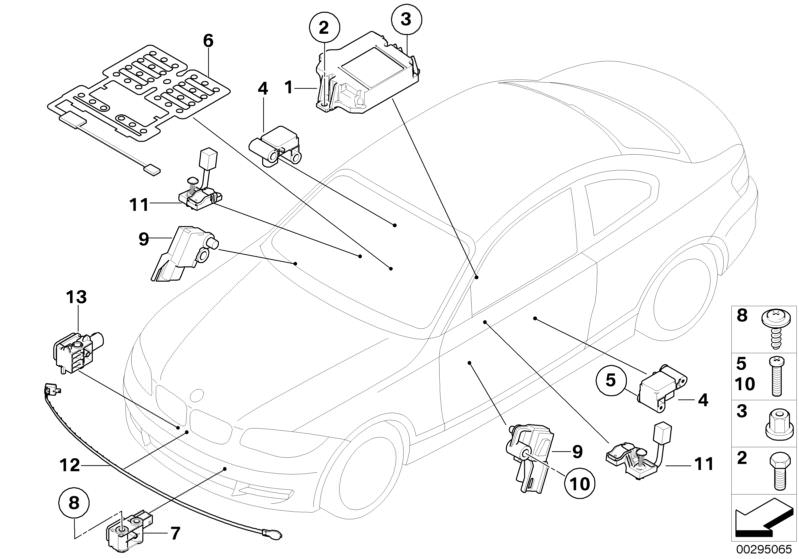 Picture board Electric parts, airbag for the BMW 1 Series models  Original BMW spare parts from the electronic parts catalog (ETK) for BMW motor vehicles (car)   Accelerating sensor, Control unit airbag, Fillister head screw, Hex Bolt, LOCKNUT, Sensor mat