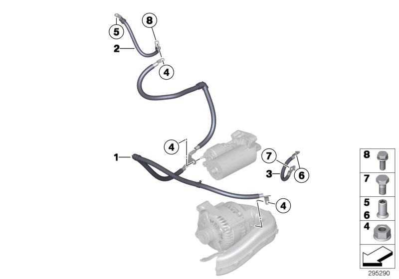Illustration du Câble électrique de démarreur pour les BMW 4 Série Modèles  Pièces de rechange d'origine BMW du catalogue de pièces électroniques (ETK) pour véhicules automobiles BMW (voiture)   Cable alternator-starter-base B+, Connecting line, Earth cab
