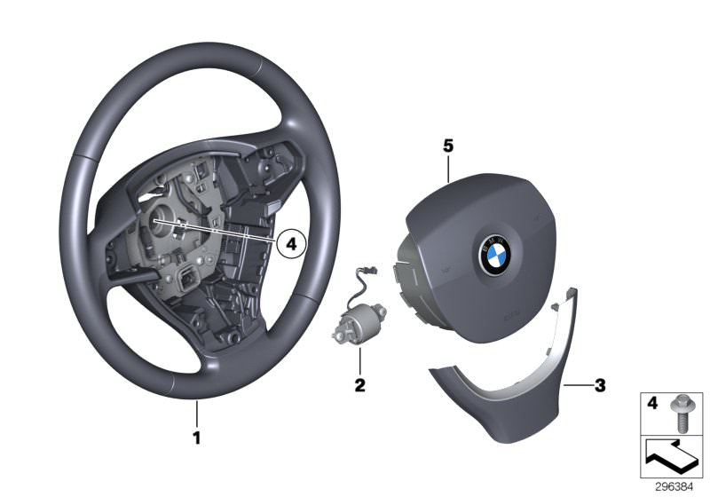 Picture board Steering wheel airbag multifunctional for the BMW 5 Series models  Original BMW spare parts from the electronic parts catalog (ETK) for BMW motor vehicles (car)   Airbag module, driver´s side, Decorative trim, steering wheel, Hex Bolt, Steer