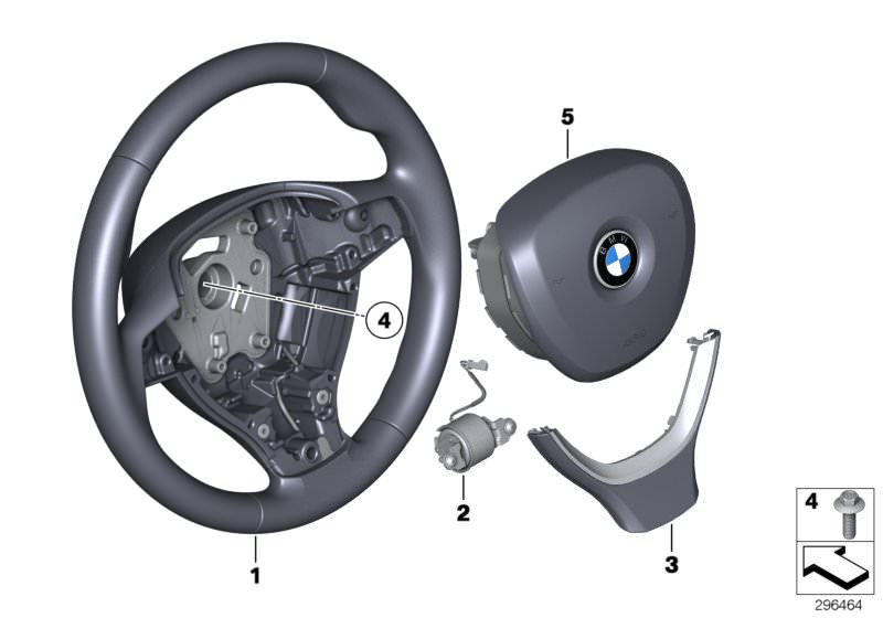 Illustration du Volant sport avec airbag multifonction pour les BMW 7 Série Modèles  Pièces de rechange d'origine BMW du catalogue de pièces électroniques (ETK) pour véhicules automobiles BMW (voiture)   Airbag module, driver´s side, Decorative trim, stee