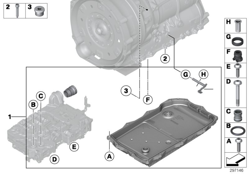 Illustration du GA8HP50Z Sélecteur de vitesses pour les BMW 4 Série Modèles  Pièces de rechange d'origine BMW du catalogue de pièces électroniques (ETK) pour véhicules automobiles BMW (voiture)   Fillister-head screw, micro-encapsulated, Repair kit select