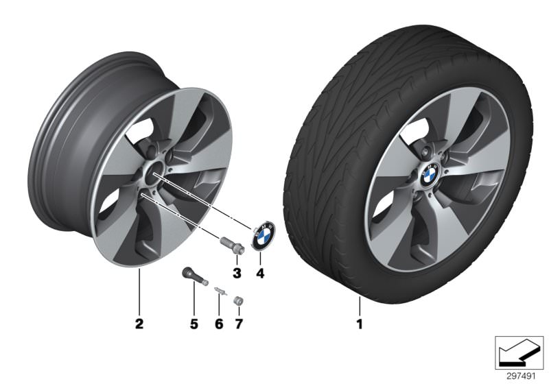 Picture board BMW LA wheel, Streamline 419 - 18´´ for the BMW 3 Series models  Original BMW spare parts from the electronic parts catalog (ETK) for BMW motor vehicles (car)   Disc wheel, light alloy, polished, left, Hub cap with chrome edge, Rubber valve,
