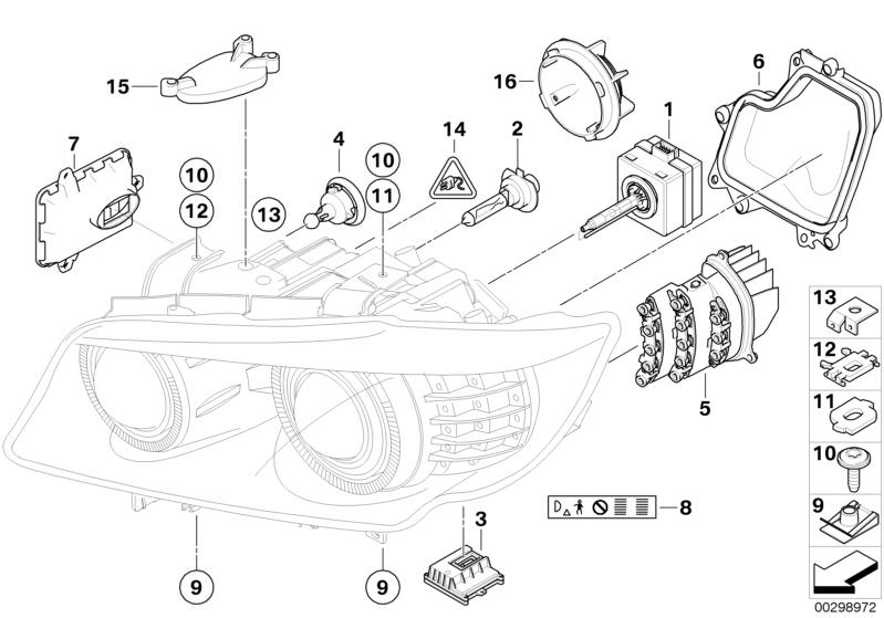 Illustration du Composants pour projecteur Xenon/ALC pour les BMW 3 Série Modèles  Pièces de rechange d'origine BMW du catalogue de pièces électroniques (ETK) pour véhicules automobiles BMW (voiture)   Adjusting element, headlight, Bulb, Bulb Xenon light 