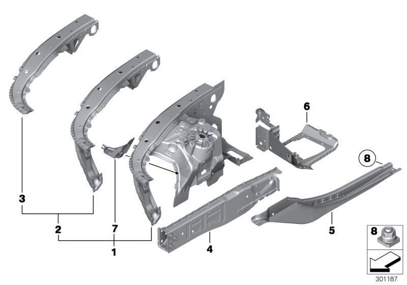 Picture board WHEELHOUSE/ENGINE SUPPORT for the BMW 6 Series models  Original BMW spare parts from the electronic parts catalog (ETK) for BMW motor vehicles (car)   Carr.supp. w/o VIN, wheel arch fr. right, Connection pcs,wheel house/entrance,rght, EARTH 