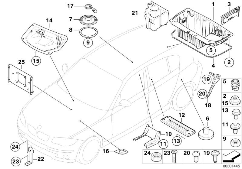 Picture board Misc. body parts for the BMW 1 Series models  Original BMW spare parts from the electronic parts catalog (ETK) for BMW motor vehicles (car)   CONNECTING SUPPORT, cover, floor panel rear, COVERING FOR WIPER MOTOR, Fillister head screw, Foam i