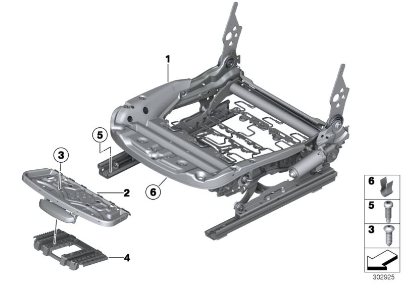 Picture board Seat, front, seat frame for the BMW X Series models  Original BMW spare parts from the electronic parts catalog (ETK) for BMW motor vehicles (car)   Carrier thigh support, Connection element for thigh support, Electrical seat mechanism, left