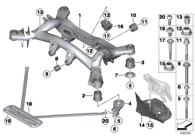 Picture board REAR AXLE CARRIER for the BMW 1 Series models  Original BMW spare parts from the electronic parts catalog (ETK) for BMW motor vehicles (car)   Blind rivet nut, flat headed, Covering right, Hex Bolt with washer, Nut, Push rod, Rear axle carri