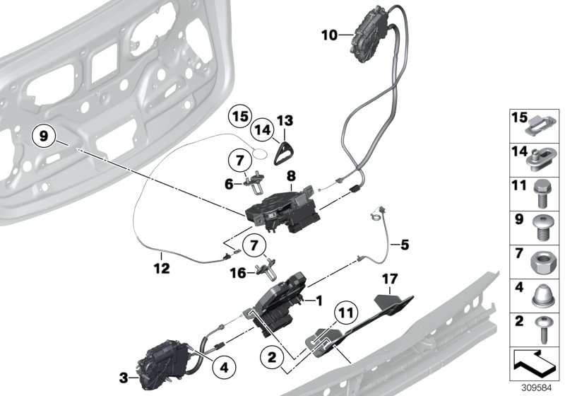 Picture board TRUNK LID/CLOSING SYSTEM for the BMW 5 Series models  Original BMW spare parts from the electronic parts catalog (ETK) for BMW motor vehicles (car)   Adapter plate, Bowden cable, Bowden cable, emergency unlocking, Catch bracket, Clip, Drive,
