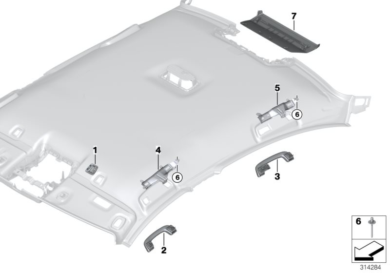 Picture board Mounting parts, roofliner for the BMW 5 Series models  Original BMW spare parts from the electronic parts catalog (ETK) for BMW motor vehicles (car)   Blind rivet, Bracket, front right grab handle, Cover, microphone, Cover, stop lamp, Grab h