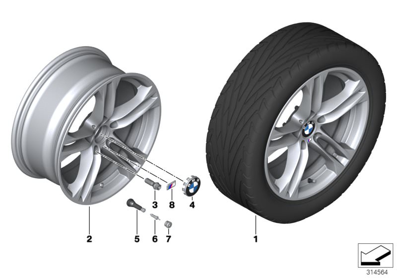 Illustration du BMW LA wheel, M double spoke 613 - 18´´ pour les BMW 5 Série Modèles  Pièces de rechange d'origine BMW du catalogue de pièces électroniques (ETK) pour véhicules automobiles BMW (voiture)   Hub cap with chrome edge, Light alloy rim, M badge