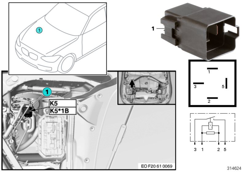 Illustration du Relais électroventilateur K5 pour les BMW 1 Série Modèles  Pièces de rechange d'origine BMW du catalogue de pièces électroniques (ETK) pour véhicules automobiles BMW (voiture)   Relay