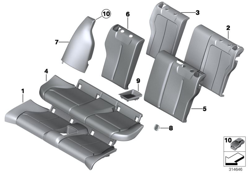 Picture board Seat, rear, cushion, & cover, basic seat for the BMW 1 Series models  Original BMW spare parts from the electronic parts catalog (ETK) for BMW motor vehicles (car)   Clip, Cover backrest, leather, left, Cover isofix, LEFT BACKREST UPHOLSTERY