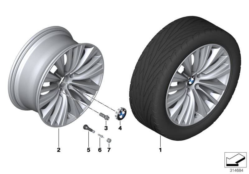 Picture board BMW LA wheel, multi spoke 458 - 19´´ for the BMW 7 Series models  Original BMW spare parts from the electronic parts catalog (ETK) for BMW motor vehicles (car)   Disc wheel, light alloy, bright-turned, Hub cap with chrome edge, Screw-in valv