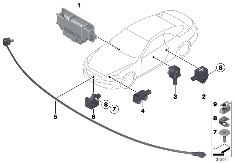 Illustration du Pièces électriques d`airbag pour les BMW 6 Série Modèles  Pièces de rechange d'origine BMW du catalogue de pièces électroniques (ETK) pour véhicules automobiles BMW (voiture)   Clip for sheet metal nut, Control unit airbag, Countersunk scr