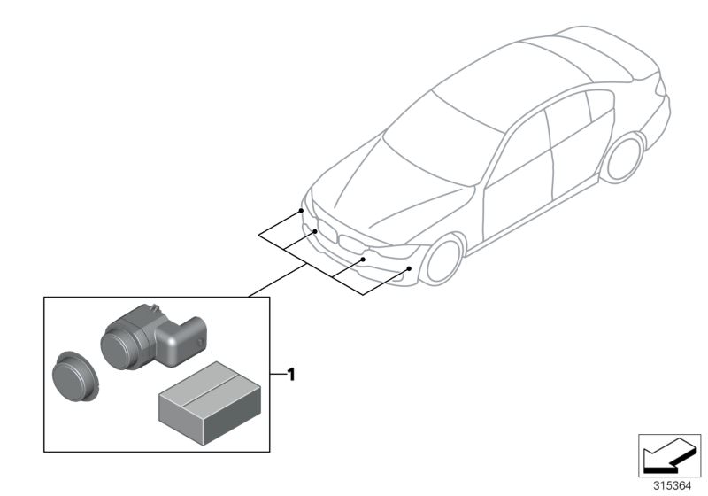 Illustration du Kit 2ème monte système PDC avant pour les BMW 3 Série Modèles  Pièces de rechange d'origine BMW du catalogue de pièces électroniques (ETK) pour véhicules automobiles BMW (voiture) 