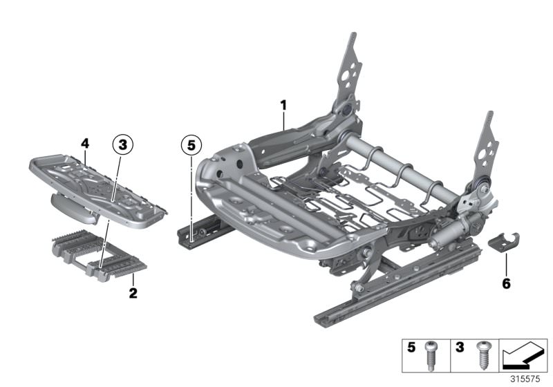 Picture board Seat, front, seat frame for the BMW 1 Series models  Original BMW spare parts from the electronic parts catalog (ETK) for BMW motor vehicles (car)   Carrier thigh support, Connection element for thigh support, Electrical seat mechanism, left