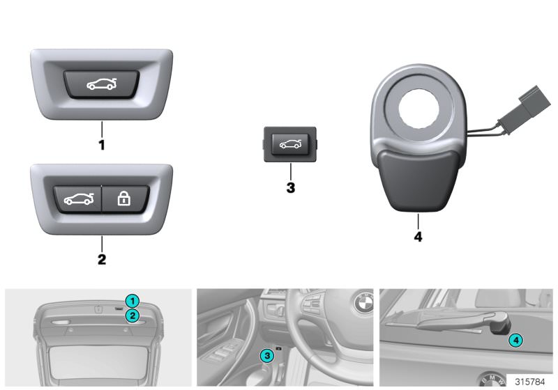 Picture board Switch, rear-lid Centerlock for the BMW 2 Series models  Original BMW spare parts from the electronic parts catalog (ETK) for BMW motor vehicles (car)   Rear-window button, Switch trunk lid, Switch, rear-lid Centerlock, Trunk unlocking switc