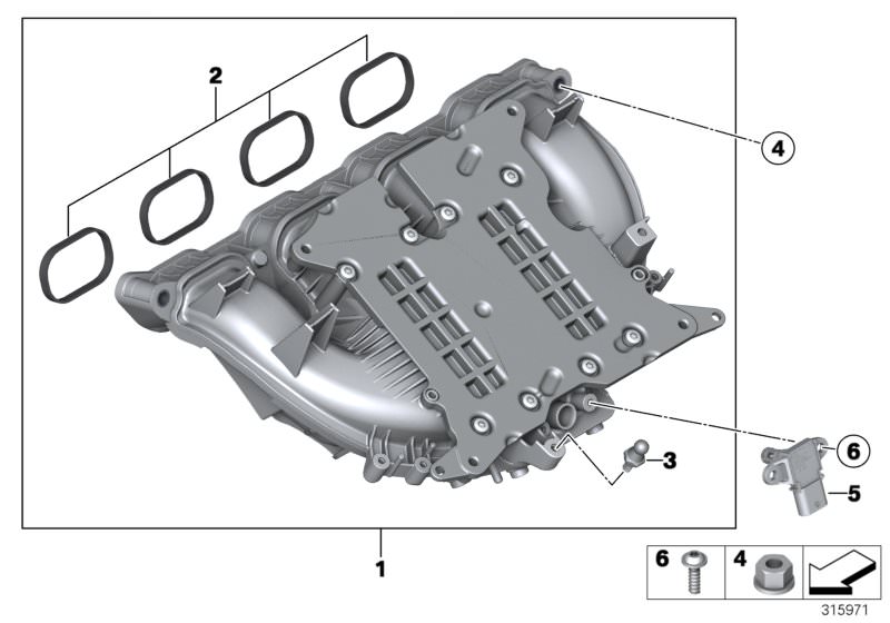 Picture board Intake manifold system for the BMW 5 Series models  Original BMW spare parts from the electronic parts catalog (ETK) for BMW motor vehicles (car)   Ball pin, Hex nut with plate, Intake manifold system, Pressure sensor, Set of profile gaskets