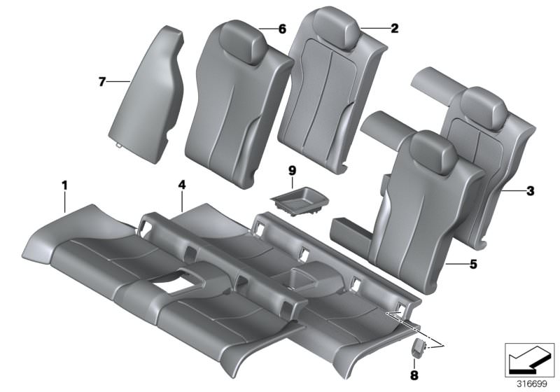 Picture board Seat, rear, cushion, & cover, basic seat for the BMW 4 Series models  Original BMW spare parts from the electronic parts catalog (ETK) for BMW motor vehicles (car)   Cover backrest, leather, left, Cover isofix, Cover, seat, Alcantara leather