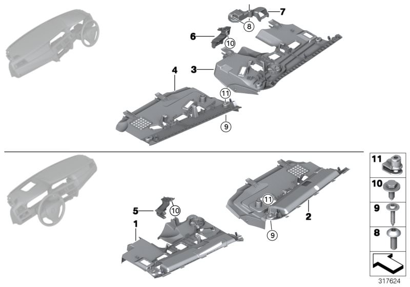 Picture board Mounting parts, instrument panel, bottom for the BMW 5 Series models  Original BMW spare parts from the electronic parts catalog (ETK) for BMW motor vehicles (car)   C-clip plastic nut, Driver´s footwell trim panel, Fillister head self-tappi