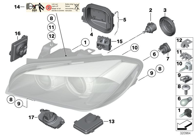 Picture board Single components f headlight Xenon/ALC for the BMW X Series models  Original BMW spare parts from the electronic parts catalog (ETK) for BMW motor vehicles (car)   Adjusting element, headlight, Bulb, Bulb socket, Bulb Xenon light with ignit