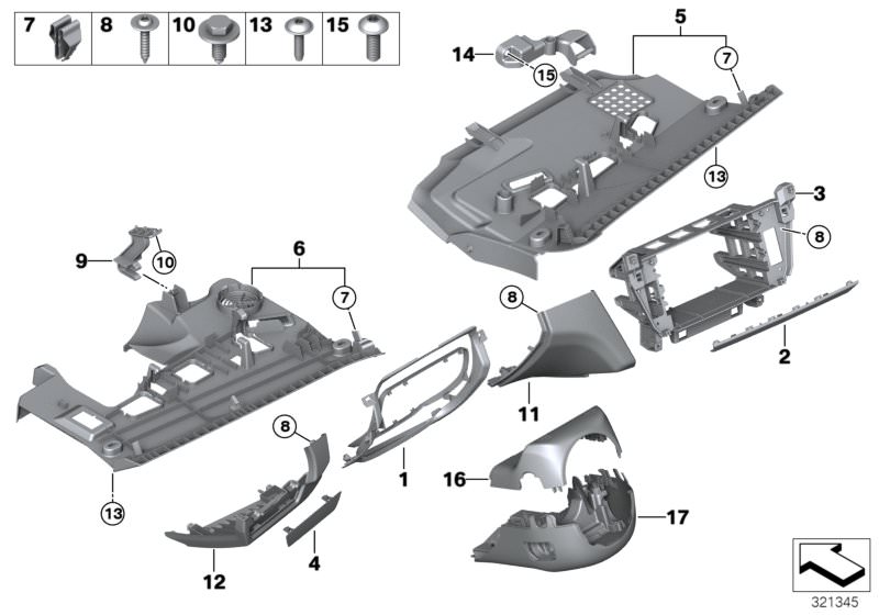 Bildtafel Anbauteile Instrumententafel unten für die BMW 6er Modelle  Original BMW Ersatzteile aus dem elektronischen Teilekatalog (ETK) für BMW Kraftfahrzeuge( Auto)    Abschlussblende, Blindblende Fahrer-Assistenz-Systeme, Funktionsträger Instrumententa