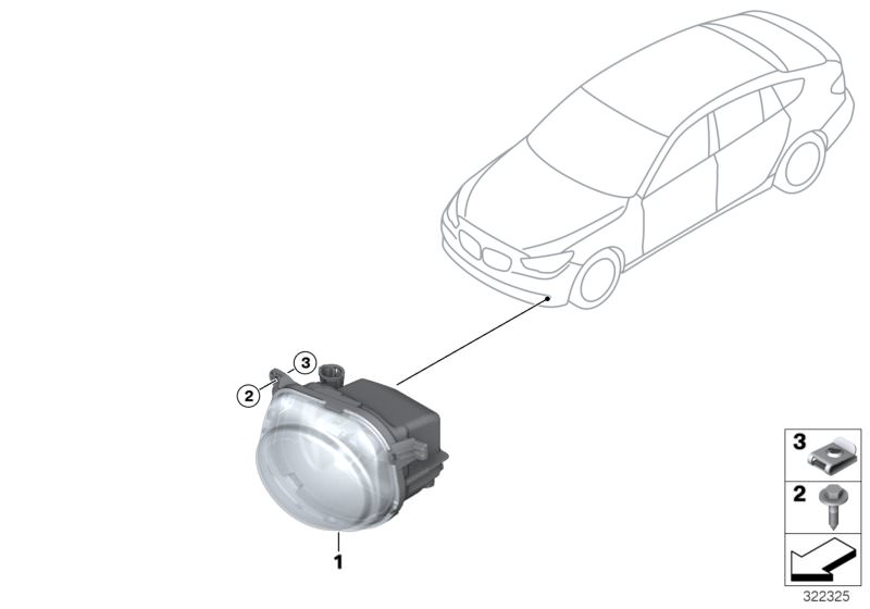 Illustration du Phares anti-brouillard LED pour les BMW 5 Série Modèles  Pièces de rechange d'origine BMW du catalogue de pièces électroniques (ETK) pour véhicules automobiles BMW (voiture)   Body nut, Fog light, LED, right, Screw, self tapping
