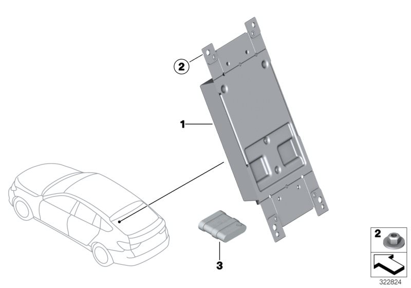 Picture board Telematics control unit for the BMW 5 Series models  Original BMW spare parts from the electronic parts catalog (ETK) for BMW motor vehicles (car)   Battery, Hex nut, Telematics control unit