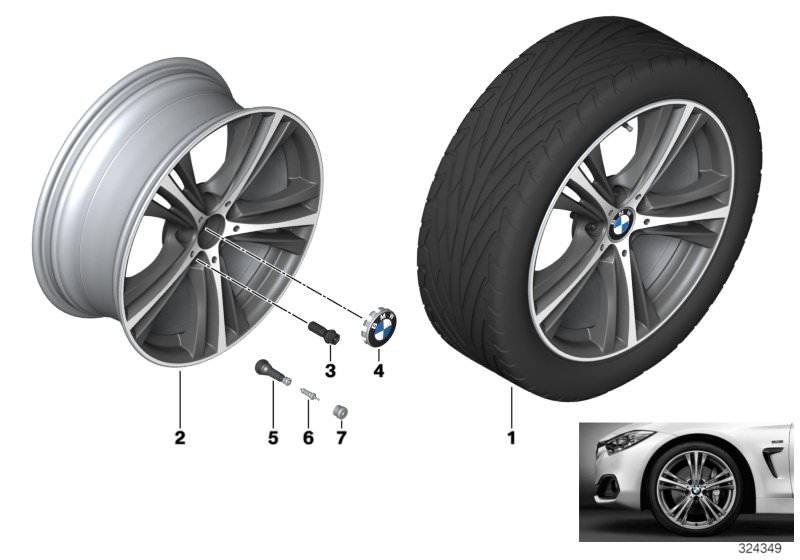 Picture board BMW LA wheel, star spoke 407 - 19´´ for the BMW 3 Series models  Original BMW spare parts from the electronic parts catalog (ETK) for BMW motor vehicles (car)   Hub cap with chrome edge, Light alloy rim Ferricgrey, Rubber valve, Valve, Valve
