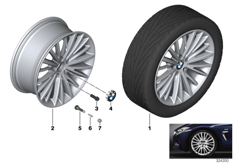 Picture board BMW LA wheel, multi spoke 399 - 19´´ for the BMW 3 Series models  Original BMW spare parts from the electronic parts catalog (ETK) for BMW motor vehicles (car)   Disc wheel, light alloy, bright-turned, Hub cap with chrome edge, Rubber valve,