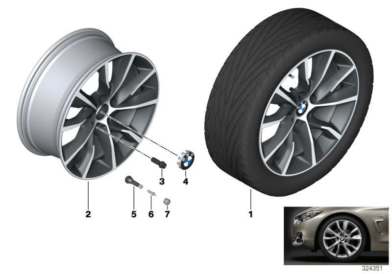 Picture board BMW LA wheel, turbine styling 402 - 19´´ for the BMW 3 Series models  Original BMW spare parts from the electronic parts catalog (ETK) for BMW motor vehicles (car)   Disc wheel, light alloy, bright-turned, Hub cap with chrome edge, Rubber va