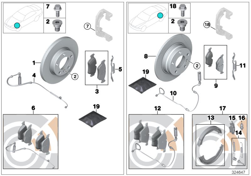 Picture board Service, brakes for the BMW 3 Series models  Original BMW spare parts from the electronic parts catalog (ETK) for BMW motor vehicles (car) 
