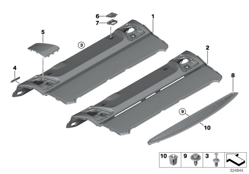 Picture board REAR WINDOW SHELF for the BMW 5 Series models  Original BMW spare parts from the electronic parts catalog (ETK) for BMW motor vehicles (car)   Cover, COVER F LEFT LOUDSPEAKER, Cover, belt outlet, Expanding nut, Expanding rivet, Frame, Parcel