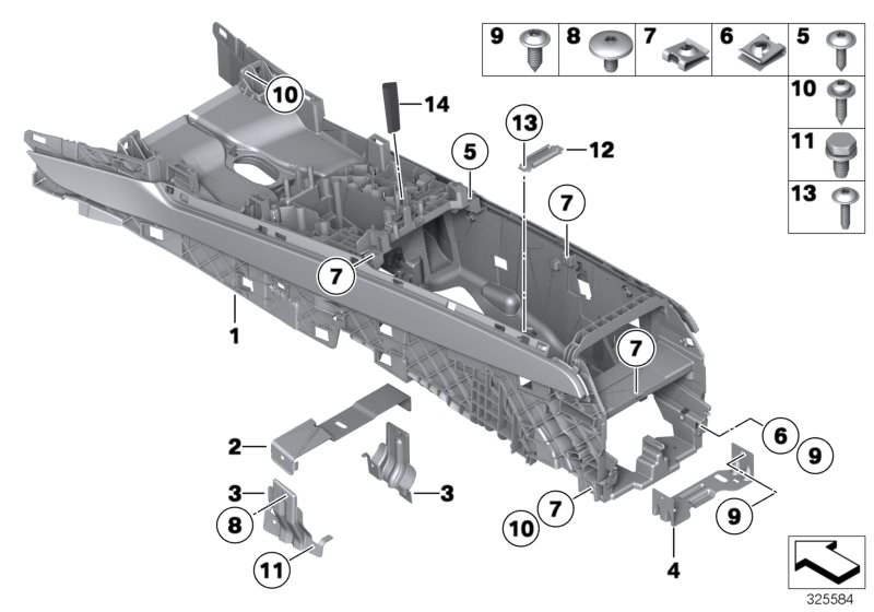 Picture board Carrier, centre console for the BMW 7 Series models  Original BMW spare parts from the electronic parts catalog (ETK) for BMW motor vehicles (car)   Bracket, centre console front, Bracket, centre console front right, C-clip plastic nut, Carr