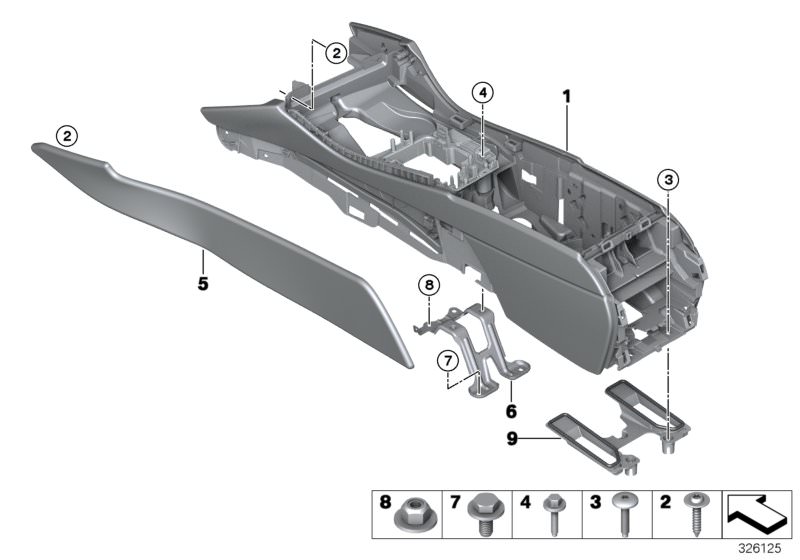 Picture board Centre console for the BMW 5 Series models  Original BMW spare parts from the electronic parts catalog (ETK) for BMW motor vehicles (car)   Adapter plate, air duct, Bracket f centre console, centre, Centre console, Fillister head screw, Hex 