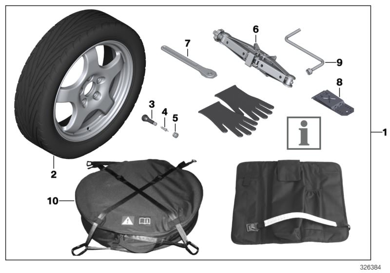 Picture board Compact spare-wheel system for the BMW 6 Series models  Original BMW spare parts from the electronic parts catalog (ETK) for BMW motor vehicles (car)   Actuating ratchet for vehicle jack, Chock, Compact spare-wheel system, CRANK, Emergency w