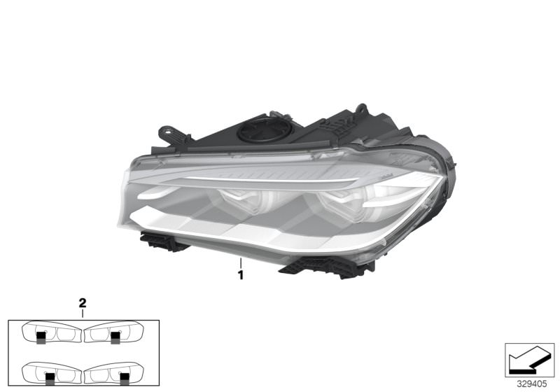 Picture board Headlight for the BMW X Series models  Original BMW spare parts from the electronic parts catalog (ETK) for BMW motor vehicles (car)   Bi-xenon headlight, left, Set masking foil f headlight