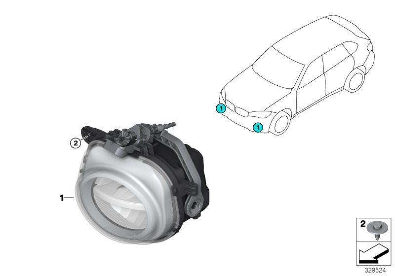 Picture board Fog lights LED for the BMW X Series models  Original BMW spare parts from the electronic parts catalog (ETK) for BMW motor vehicles (car)   Fog light, LED, right, Hex head screw