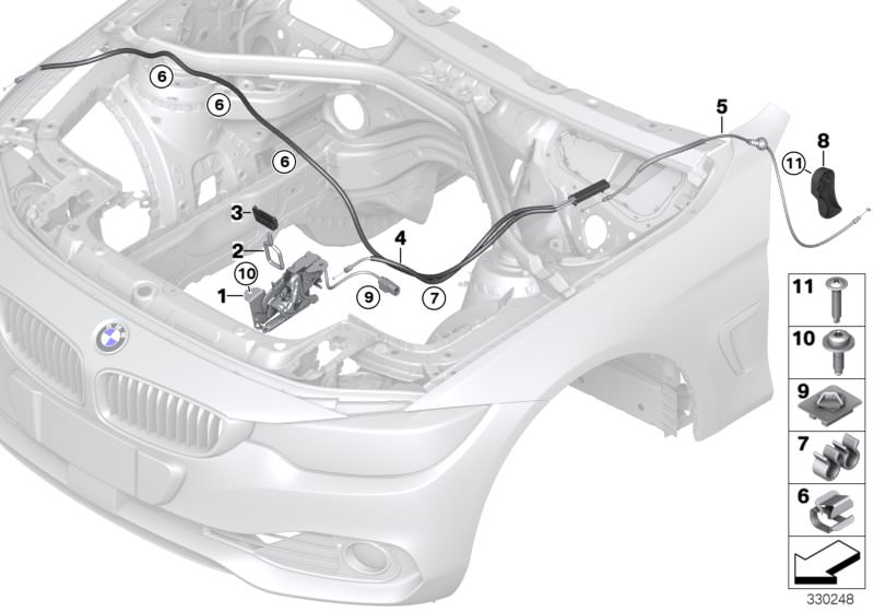 Picture board Engine bonnet, closing system for the BMW 4 Series models  Original BMW spare parts from the electronic parts catalog (ETK) for BMW motor vehicles (car)   Bowden cable, bonnet, rear, Bowden cable, engine comp. lid, rear, Bracket, plug connec