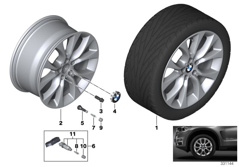 Picture board BMW LA wheel, V-spoke 450 - 19´´ for the BMW X Series models  Original BMW spare parts from the electronic parts catalog (ETK) for BMW motor vehicles (car)   Hub cap with blue ring, Light alloy rim, Repair kit, screw-type valve RDCi, Rubber 