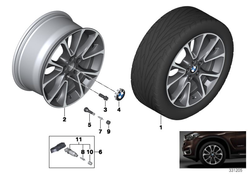 Picture board BMW LA wheel, star spoke 449 - 19´´ for the BMW X Series models  Original BMW spare parts from the electronic parts catalog (ETK) for BMW motor vehicles (car)   Disc wheel, light alloy, bright-turned, Hub cap with chrome edge, Repair kit, sc