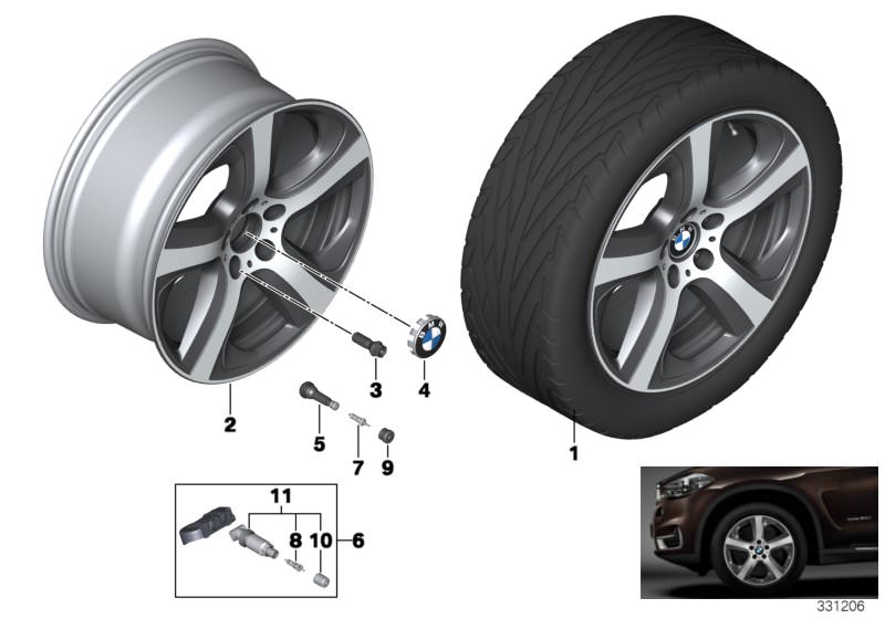 Picture board BMW LA wheel, star spoke 490 - 19´´ for the BMW X Series models  Original BMW spare parts from the electronic parts catalog (ETK) for BMW motor vehicles (car)   ALLOY RIM LEFT, Hub cap with blue ring, Repair kit, screw-type valve RDCi, Rubbe