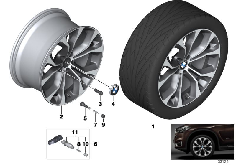 Picture board BMW LA wheel Y-spoke 451 - 20´´ for the BMW X Series models  Original BMW spare parts from the electronic parts catalog (ETK) for BMW motor vehicles (car)   Disc wheel, light alloy, bright-turned, Hub cap with blue ring, Repair kit, screw-ty