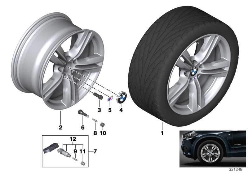 Picture board BMW LA wheel, M double spoke 467 - 19´´ for the BMW X Series models  Original BMW spare parts from the electronic parts catalog (ETK) for BMW motor vehicles (car)   Hub cap with blue ring, Light alloy rim, M badge, Repair kit, screw-type val